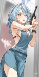 Rule 34 | 1girl, absurdres, ako (blue archive), ako (dress) (blue archive), artist name, black hairband, blue archive, blue dress, blue eyes, blue hair, blue halo, blush, breasts, cowboy shot, cuffs, dated, dress, gnas (gnas 0912), gun, hair between eyes, hairband, halo, handcuffs, highres, holding, holding gun, holding weapon, large breasts, long hair, official alternate costume, open mouth, sideboob, signature, sleeveless, sleeveless dress, solo, weapon