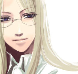 Rule 34 | 1girl, blonde hair, blue eyes, close-up, female focus, glasses, hellsing, integra hellsing, long hair, looking at viewer, lowres, portrait, simple background, smile, solid&amp;etc, solo, white background