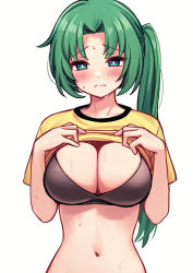 Rule 34 | 1girl, blush, breasts, closed mouth, clothes lift, commentary, deadnooodles, embarrassed, green hair, hands up, highres, higurashi no naku koro ni, large breasts, lifting own clothes, light frown, long hair, looking at viewer, navel, parted bangs, raised eyebrows, romaji commentary, shirt, shirt lift, side ponytail, simple background, solo, sonozaki mion, sweat, upper body, white background, yellow shirt