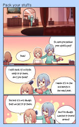 Rule 34 | 4koma, bedroom, blonde hair, blue hair, blue pajamas, brushing another&#039;s hair, brushing hair, comic, commentary, english text, flandre scarlet, hair brush, hair down, hair dryer, highres, indoors, mirror, painting (object), pajamas, pointy ears, red eyes, remilia scarlet, short hair, sitting, standing, text focus, touhou, yoruny