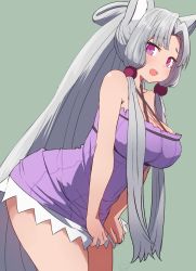 Rule 34 | 1girl, :d, animal ears, bare shoulders, blush, breasts, chibi, chibi inset, cleavage, commentary request, cosplay, covering privates, covering crotch, criss-cross halter, dress, embarrassed, fang, fox ears, from side, green background, grey hair, halterneck, highres, large breasts, leaning forward, long hair, looking at viewer, looking to the side, open mouth, parted bangs, purple dress, short dress, simple background, smile, solo, standing, sumiyao (amam), sweatdrop, touhoku itako, very long hair, voiceroid, yuzuki yukari, yuzuki yukari (cosplay)