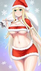 Rule 34 | 1girl, alternate costume, aqua eyes, azur lane, blonde hair, blush, breasts, capelet, centaur (azur lane), cleavage, closed mouth, collarbone, commentary, cowboy shot, fur-trimmed capelet, fur-trimmed headwear, fur-trimmed skirt, fur trim, groin, hand up, hat, holding, holding sack, large breasts, light smile, long hair, navel, pointy ears, red capelet, red hat, red skirt, red tube top, revealing clothes, sack, santa costume, santa hat, sidelocks, skirt, snowflake background, solo, standing, star (symbol), starry background, stomach, strapless, tube top, underboob, very long hair, vik (xypt7474)