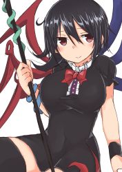 Rule 34 | 1girl, black dress, black hair, black thighhighs, blush, bow, bowtie, breasts, closed mouth, comic, covered navel, cowboy shot, dress, frills, golgi hon, hair between eyes, highres, holding, houjuu nue, large breasts, long hair, red bow, red bowtie, red eyes, short hair, short sleeves, simple background, sitting, smile, solo, thighhighs, touhou, white background, wristband, zettai ryouiki