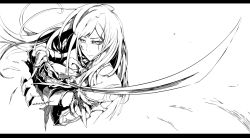 Rule 34 | 1girl, bow, castlevania (series), castlevania: order of ecclesia, foreshortening, greyscale, ian olympia, letterboxed, long hair, monochrome, shanoa, signature, solo, sword, weapon