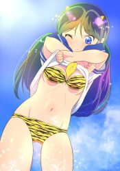 1girl animal_print bikini blue_eyes blue_sky breasts cleavage closed_mouth clothes_lift cloud cone_horns day green_hair groin highres himehachi_(hime8manga) horns legs_apart lifting_own_clothes long_hair lum medium_breasts navel one_eye_closed oni outdoors pointy_ears print_bikini school_uniform serafuku shirt shirt_lift short_sleeves sky small_horns solo standing strapless strapless_bikini swimsuit tiger_print underboob urusei_yatsura white_shirt yellow_horns