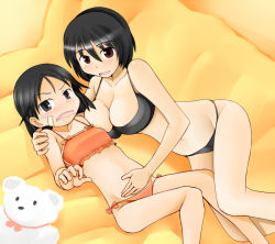 Rule 34 | 10s, 2girls, black eyes, black hair, blush, brave witches, breasts, brown eyes, hand on another&#039;s stomach, hand on shoulder, kanno naoe, large breasts, multiple girls, open mouth, shimohara sadako, short hair, small breasts, strike witches, sweatdrop, tanaka rikimaru, wavy mouth, world witches series, yuri