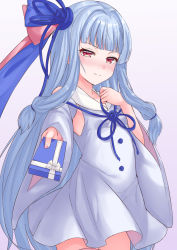 Rule 34 | 1girl, blue hair, blue ribbon, blue sleeves, blunt bangs, bow, box, collared shirt, commentary, cowboy shot, detached sleeves, gift, gift box, giving, hair bow, hair ribbon, hand on own chest, highres, holding, holding gift, kotonoha aoi, light blue dress, light blue hair, long hair, outstretched arm, pink background, ribbon, shirt, sidelocks, solo, standing, tenneko yuuri, valentine, very long hair, voiceroid