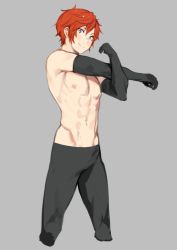 Rule 34 | 1boy, abs, bad id, bad pixiv id, bare pectorals, black gloves, elbow gloves, gloves, grey background, groin, kuzuvine, looking at viewer, male focus, navel, nipples, pants, pectorals, re:zero kara hajimeru isekai seikatsu, red hair, reinhard van astrea, short hair, simple background, smile, solo, tight clothes, tight pants, toned, toned male, topless male