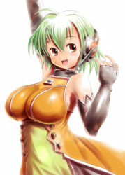 Rule 34 | 1girl, \m/, breasts, elbow gloves, fingerless gloves, fl-chan, fl studio, gloves, green hair, headphones, huge breasts, impossible clothes, impossible shirt, moriichi, orange eyes, shirt, short hair, solo