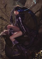 Rule 34 | 10s, 1girl, absurdres, alphonse (white datura), bikini, bikini top only, black hair, black rock shooter, black rock shooter (character), blue eyes, boots, chain, dark, gloves, glowing, glowing eyes, highres, knee boots, long hair, long legs, sitting, solo, star (symbol), swimsuit, sword, twintails, very long hair, weapon