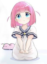 Rule 34 | 1girl, blue bow, blue bowtie, blue eyes, bob cut, bocchi the rock!, bow, bowtie, child, commentary, dot nose, dress, ein, gotoh futari, gotoh hitori, gotoh hitori (tsuchinoko), grey sailor collar, hands on own thighs, highres, light blush, looking at viewer, open mouth, pink hair, sailor collar, sailor dress, seiza, short hair, short sleeves, siblings, side ahoge, sisters, sitting, solo, star ornament, tsuchinoko, white background, white dress