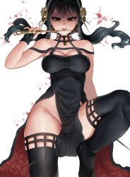 Rule 34 | 1girl, absurdres, bare shoulders, black dress, black footwear, black hair, blood, blood on face, bloody weapon, boots, breasts, cleavage, commentary, dagger, dangle earrings, dress, earrings, evil smile, fingerless gloves, floating hair, gloves, gold earrings, gold hairband, golden rose, hairband, highres, holding, holding dagger, holding knife, holding weapon, jewelry, knee up, knife, large breasts, lewdazon, looking at viewer, open mouth, pelvic curtain, red eyes, sidelocks, signature, smile, solo, spy x family, standing, standing on one leg, stiletto (weapon), thigh boots, two-sided dress, two-sided fabric, weapon, white background, yor briar