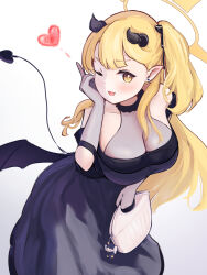 Rule 34 | 1girl, aged up, alternate breast size, bag, black dress, black horns, black tail, black wings, blonde hair, blue archive, blush, breasts, cleavage, demon horns, demon tail, demon wings, dress, gloves, gradient background, grey gloves, halo, heart, highres, holding, holding bag, horns, ibuki (blue archive), ibuki (dress) (blue archive), large breasts, long hair, looking at viewer, official alternate costume, one eye closed, open mouth, peroro (blue archive), pointy ears, ryh4, side ponytail, smile, solo, tail, wings, yellow eyes, yellow halo
