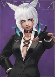 Rule 34 | 1girl, absurdres, animal ears, black choker, black gloves, black suit, blazer, breasts, cat ears, character name, choker, collared shirt, commentary, dark-skinned female, dark skin, english commentary, facial mark, final fantasy, final fantasy xiv, formal, gloves, grey eyes, hand on own hip, highres, jacket, looking at viewer, miqo&#039;te, mismatched eyebrows, monori rogue, outstretched hand, partially fingerless gloves, plunging neckline, pointing, pointing at viewer, purple background, shirt, short hair, small breasts, solo, suit, whisker markings, white background, white hair, white shirt, y&#039;shtola rhul