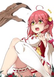 Rule 34 | 1girl, absurdres, ahoge, breasts, bridal garter, detached sleeves, frills, grass, green eyes, hair ornament, hairclip, highres, hololive, long hair, looking at another, open mouth, paw print, paw print pattern, pink hair, sakura miko, sakura miko (1st costume), scared, single thighhigh, teeth, thighhighs, upper teeth only, virtual youtuber, white background, white thighhighs, yagitani hitsuji