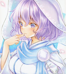 Rule 34 | 1girl, alternate costume, blue scarf, blush, closed mouth, hashtag-only commentary, letty whiterock, looking at viewer, nekofish666, pom pom (clothes), purple eyes, purple hair, scarf, short hair, smile, snowflakes, solo, touhou, twitter username, upper body