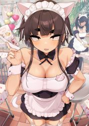 Rule 34 | 2girls, absurdres, alternate costume, animal ears, bare shoulders, breasts, brown eyes, brown hair, cat ears, cat tail, cleavage, collarbone, commentary request, detached collar, enmaided, fake animal ears, garter straps, hand on own hip, highres, holding, holding plate, jovejun, large breasts, looking at viewer, maid, maid headdress, multiple girls, original, plate, raised eyebrow, short hair with long locks, solo focus, speech bubble, standing, table, tail, thick eyebrows, translated, tsubomioka happa, white legwear