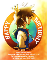 Rule 34 | 1boy, blue jacket, brown hair, chain necklace, closed eyes, cropped jacket, crown, eguana, english text, engrish text, happy birthday, jacket, jewelry, kingdom hearts, kingdom hearts i, male focus, mini crown, necklace, open clothes, open jacket, ranguage, red shirt, serious, shirt, short hair, short sleeves, solo, sora (kingdom hearts), spiked hair, upper body