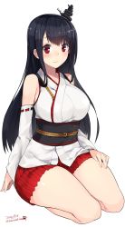 Rule 34 | 10s, 1girl, 2015, bad id, bad pixiv id, bare shoulders, black hair, blush, breasts, dated, detached sleeves, female focus, fusou (kancolle), hair ornament, highres, japanese clothes, kantai collection, kuro chairo no neko, large breasts, legs together, long hair, looking at viewer, nontraditional miko, red eyes, seiza, simple background, sitting, skirt, smile, solo, thick thighs, thighs, twitter username, white background