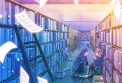 Rule 34 | 1boy, 1girl, ahoge, alternate costume, bad id, bad pixiv id, black pantyhose, blue footwear, blue hair, blue jacket, blue skirt, book, book stack, bookshelf, brown hair, covering own mouth, eye contact, flying paper, from side, head rest, hetero, holding, holding book, indoors, jacket, kaito (vocaloid), knees up, ladder, legs together, library, light particles, long sleeves, looking at another, meiko (vocaloid), necktie, norihe, on floor, open book, pants, pantyhose, paper, plaid, plaid skirt, pleated skirt, red necktie, school uniform, sheet music, shoes, short hair, sitting, skirt, smile, vanishing point, vocaloid