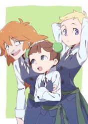Rule 34 | 3girls, :d, arms behind back, arms up, blonde hair, blue eyes, character request, closed mouth, collared shirt, commentary request, crossed arms, green background, hair ornament, hand on another&#039;s head, highres, little witch academia, long nose, long sleeves, multiple girls, open mouth, orange hair, purple skirt, purple vest, sanpaku, sash, shirt, short hair, simple background, skirt, smile, standing, tama (tama-s), vest, white shirt, wing collar