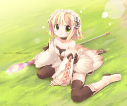 Rule 34 | 1girl, black choker, blonde hair, blush, boots, breasts, brown thighhighs, choker, closed mouth, commentary request, corriedale (fantasy earth zero), crystal, curled horns, detached sleeves, dress, emurin, fantasy earth zero, feathers, full body, grass, green eyes, grey horns, holding, holding staff, horns, lens flare, looking at viewer, maid headdress, short hair, sitting, small breasts, smile, solo, staff, strapless, strapless dress, thighhighs, wariza, white dress, white footwear, white sleeves