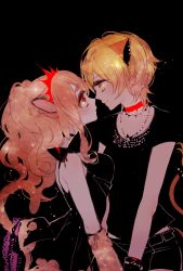 Rule 34 | 2girls, animal ears, bad id, bad pixiv id, black background, black dress, black shirt, blonde hair, blush, choker, citti (show by rock!!), closed mouth, copyright request, dress, eye contact, from side, hairband, laina (show by rock!!), lion ears, lion tail, looking at another, mamaloni, multiple girls, profile, red choker, shirt, short shorts, short sleeves, shorts, show by rock!!, simple background, smile, tail, wristband, yellow eyes, yuri