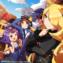 Rule 34 | 1boy, 2girls, ;3, acerola (pokemon), arm up, black coat, black hair, blonde hair, blue jacket, blush, calem (pokemon), clenched hands, cloud, coat, commentary, creatures (company), cynthia (pokemon), dated, day, dress, english commentary, espurr, eyelashes, eyewear on head, fur-trimmed coat, fur trim, game freak, garchomp, gen 4 pokemon, gen 6 pokemon, gen 7 pokemon, grey eyes, hair over one eye, hand on own chin, hands up, hat, highres, jacket, long sleeves, multiple girls, nintendo, official art, on head, one eye closed, open mouth, outdoors, palossand, pokemon, pokemon (creature), pokemon dppt, pokemon masters ex, pokemon on head, pokemon sm, pokemon xy, purple hair, red headwear, rock, sky, smile, standing, stitches, sunglasses, sunglasses on head, taisa (lovemokunae), teeth, tongue, turtleneck, watermark