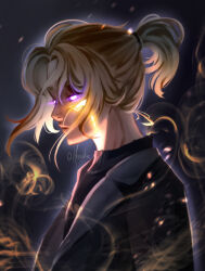 Rule 34 | 1boy, absurdres, arthur leywin, artist name, black jacket, blonde hair, commentary, english commentary, expressionless, facial tattoo, from side, glowing, glowing eyes, glowing tattoo, hair tie, hecoute, highres, jacket, male focus, parted bangs, ponytail, purple eyes, short hair, solo, tattoo, the beginning after the end, upper body