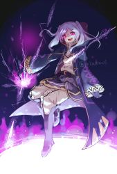Rule 34 | 1girl, cloak, fire emblem, fire emblem awakening, fire emblem heroes, gloves, grima (fire emblem), highres, hood, long hair, looking at viewer, nintendo, open mouth, purple background, red eyes, robe, robin (female) (fire emblem), robin (fire emblem), signature, smile, solo, twintails, white hair, wizard, yokura (yukilina)