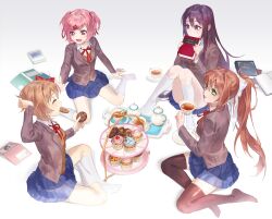 Rule 34 | 4girls, absurdres, ahoge, arm at side, arm up, black thighhighs, blazer, blue skirt, book, bow, breasts, brown hair, brown jacket, brown vest, buttoned cuffs, buttons, cherry, closed eyes, collared shirt, commentary, convenient leg, cookie, covered mouth, cup, cupcake, doki doki literature club, eating, english commentary, english text, facing viewer, fang, food, from side, fruit, full body, green eyes, hair between eyes, hair bow, hair intakes, hair ornament, hair over shoulder, hair ribbon, hairclip, hand up, hands up, highres, holding, holding book, holding cookie, holding cup, holding food, holding saucer, indian style, jacket, jyuma, kneehighs, knees together feet apart, knees up, lapels, light brown hair, light particles, long hair, long sleeves, looking at another, medium breasts, monika (doki doki literature club), muffin, multiple girls, natsuki (doki doki literature club), neck ribbon, no shoes, notched lapels, open book, open clothes, open hands, open jacket, open mouth, outstretched arm, parted lips, pink eyes, pink hair, pleated skirt, pocket, ponytail, purple eyes, purple hair, red bow, red ribbon, ribbon, saucer, sayori (doki doki literature club), school uniform, shadow, shirt, short hair, simple background, sitting, skirt, sleeves past wrists, small breasts, socks, straight hair, tea, tea party, teacup, teapot, thighhighs, tray, two side up, v-shaped eyebrows, very long hair, vest, wariza, white background, white bow, white shirt, white socks, wing collar, x hair ornament, yokozuwari, yuri (doki doki literature club), zettai ryouiki