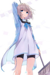 Rule 34 | 1girl, absurdres, bike shorts, blue coat, blue eyes, bob cut, coat, commentary request, dress, goggles, goggles around neck, grey hair, highres, idolmaster, idolmaster shiny colors, looking at viewer, mop, neckerchief, serizawa asahi, solo, white background, white dress, zutaboro