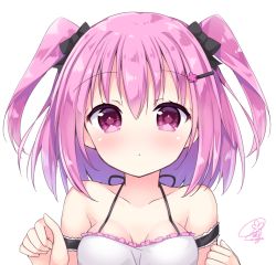 Rule 34 | 1girl, :o, armband, bare shoulders, blush, bow, breasts, collarbone, hair bow, hair ornament, hairclip, indie virtual youtuber, looking at viewer, medium breasts, momonoha sakura, original, pink eyes, pink hair, portrait, short hair, signature, simple background, solo, two side up, virtual youtuber, white background, yaki mayu