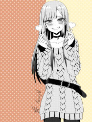Rule 34 | 1girl, belt, blush, choker, collarbone, cropped, ear piercing, earrings, eyelashes, fingernails, greyscale, greyscale with colored background, heart, highres, jewelry, kitagawa marin, long eyelashes, long fingernails, long hair, looking at viewer, monochrome, nail polish, piercing, polka dot, polka dot background, signature, smile, solo, sono bisque doll wa koi wo suru, tanny v, very long fingernails