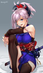 Rule 34 | 1girl, aona (anagasaki), bare shoulders, black thighhighs, blue eyes, blue kimono, blush, breasts, detached sleeves, earrings, fate/grand order, fate (series), hair ornament, highres, japanese clothes, jewelry, kimono, knee up, large breasts, long hair, looking at viewer, miyamoto musashi (fate), miyamoto musashi (first ascension) (fate), obi, one eye closed, open mouth, pink hair, ponytail, sash, sitting, sleeveless, sleeveless kimono, smile, swept bangs, thighhighs, thighs