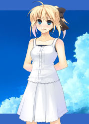Rule 34 | 1girl, ahoge, alternate costume, arms behind back, artoria pendragon (all), artoria pendragon (fate), azu, bare shoulders, blonde hair, blue eyes, bow, capcom, casual, cloud, day, dress, fate/stay night, fate/unlimited codes, fate (series), hair bow, long hair, ponytail, saber (fate), saber lily, sky, solo