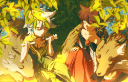 Rule 34 | 1boy, 1girl, blurry, blurry foreground, brown hair, closed mouth, collarbone, crossover, deer va6, eating, closed eyes, genshin impact, grass, hair between eyes, hand on own knee, highres, imaizumi kagerou, leaf, looking at food, medium hair, on ground, outdoors, razor (genshin impact), red eyes, red skirt, sitting, skirt, smile, touhou, white hair