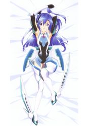 Rule 34 | 10s, 1girl, absurdres, armor, armpits, arms up, bare shoulders, bed sheet, black gloves, blade, blue hair, bodysuit, boots, breasts, covered navel, d:, dakimakura (medium), detached sleeves, elbow gloves, from above, full body, gloves, greaves, hair between eyes, headphones, highres, kazanari tsubasa, leotard, lying, narrow waist, official art, on back, on bed, one side up, open mouth, purple eyes, senki zesshou symphogear, small breasts, solo, thigh boots, thighhighs, vambraces, white footwear, white thighhighs