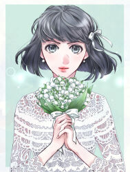 Rule 34 | 1girl, black hair, bouquet, earrings, flower, green background, grey eyes, hair ribbon, hakushika noriko, holding, holding bouquet, jewelry, lace, lace-trimmed shirt, lace trim, lily of the valley, looking at viewer, medium hair, own hands together, ribbon, sawai ka, shirt, simple background, solo, upper body, white ribbon, yuukan club