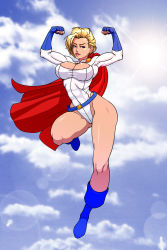 Rule 34 | 1girl, blonde hair, blue footwear, boots, breasts, cape, cleavage, dc comics, fingerless gloves, flying, gloves, highres, jiggeh, kryptonian, large breasts, leotard, power girl, red cape, shoes, solo, sun