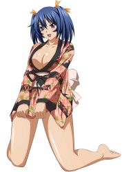 Rule 34 | 1girl, :d, barefoot, bashoku youjou, blue hair, breasts, cleavage, feet, female focus, highres, ikkitousen, japanese clothes, kimono, large breasts, no bra, open mouth, purple eyes, short kimono, simple background, smile, solo, white background