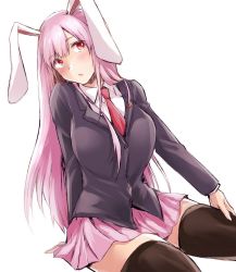 Rule 34 | 1girl, animal ears, arm at side, arm support, blazer, breasts, brown thighhighs, buttons, cowboy shot, dress shirt, hand on leg, jacket, large breasts, long hair, long sleeves, miniskirt, necktie, nooca, open mouth, pink skirt, pleated skirt, purple hair, rabbit ears, red eyes, red necktie, reisen udongein inaba, shirt, simple background, sitting, skirt, solo, thighhighs, touhou, white background, white shirt, zettai ryouiki