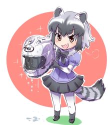 Rule 34 | 10s, 1girl, animal ears, commentary request, common raccoon (kemono friends), fang, helmet, iesupa, kemono friends, motorcycle helmet, pantyhose, raccoon ears, raccoon tail, solo, tail, thighhighs, wet, white pantyhose