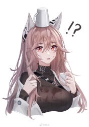 Rule 34 | !?, 1girl, absurdres, animal ears, breasts, brown hair, coffee mug, commentary request, cup, cup on head, dripping, girls&#039; frontline, girls&#039; frontline neural cloud, hair between eyes, highres, kirby d a, lab coat, large breasts, long hair, long sleeves, looking at viewer, mug, off shoulder, open mouth, persicaria (neural cloud), red eyes, ribbed shirt, shirt, simple background, solo, spill, turtleneck, upper body, weibo watermark, wet, wet clothes, wet hair, white background