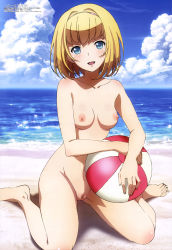 Rule 34 | 10s, 1girl, absurdres, ball, barefoot, beach, beachball, blonde hair, blue eyes, blush, breasts, cleft of venus, cloud, collarbone, completely nude, feet, heavy object, highres, looking at viewer, milinda brantini, nipples, nude, nude filter, ocean, open mouth, pussy, short hair, smile, third-party edit, toes, uncensored, yamaguchi anna