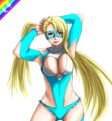 Rule 34 | 1girl, adjusting hair, bad id, bad pixiv id, blonde hair, breasts, cleavage, cleavage cutout, clothing cutout, female focus, highres, juurouta (pixiv3673286), large breasts, leotard, long hair, mask, mouth hold, rainbow mika, simple background, solo, street fighter, street fighter v, tying hair, wrestling outfit