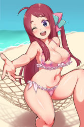 Rule 34 | 1girl, ;d, ahoge, bikini, blue eyes, blush, breasts, chamame, cleavage, commentary request, day, eyelashes, hair ribbon, hammock, large breasts, long hair, looking at viewer, minamoto sakura, one eye closed, open mouth, outdoors, outstretched hand, pink bikini, red hair, ribbon, sand, shadow, shiny skin, shore, sitting, sky, smile, solo, spread legs, swimsuit, teeth, tongue, upper teeth only, water, zombie land saga