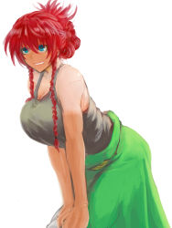 Rule 34 | 1girl, alternate costume, alternate hairstyle, bare arms, bare shoulders, blue eyes, blush, braid, cowboy shot, folded ponytail, green skirt, hong meiling, koyubi (littlefinger1988), leaning forward, looking away, parted lips, red hair, skirt, smile, solo, tank top, touhou, twin braids, v arms