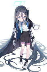 Rule 34 | 1girl, absurdly long hair, absurdres, aqua halo, aris (blue archive), black hair, black skirt, blue archive, blue eyes, blue necktie, collared shirt, full body, hair between eyes, halo, highres, long hair, long sleeves, necktie, pleated skirt, rectangular halo, shirt, shiwa (siwaa0419), shoes, simple background, skirt, sleeves past wrists, solo, very long hair, white background, white footwear, white shirt