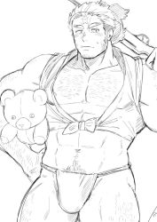 Rule 34 | 1boy, abs, alternate costume, arm hair, bara, bare shoulders, blush, bulge, chest hair, cowboy shot, cross scar, facial hair, fundoshi, greyscale, hachimaki, hairy, happi, harada (basashi), headband, holding, holding stuffed toy, houzouin oniwaka, japanese clothes, large pectorals, leg hair, long sideburns, looking at viewer, male focus, mature male, monochrome, muscular, muscular male, navel, navel hair, no pants, pectoral cleavage, pectorals, scar, scar on face, scar on forehead, short hair, sideburns, sleeves rolled up, solo, stomach, stubble, stuffed animal, stuffed toy, sweatdrop, teddy bear, thick eyebrows, thick thighs, thighs, tokyo houkago summoners